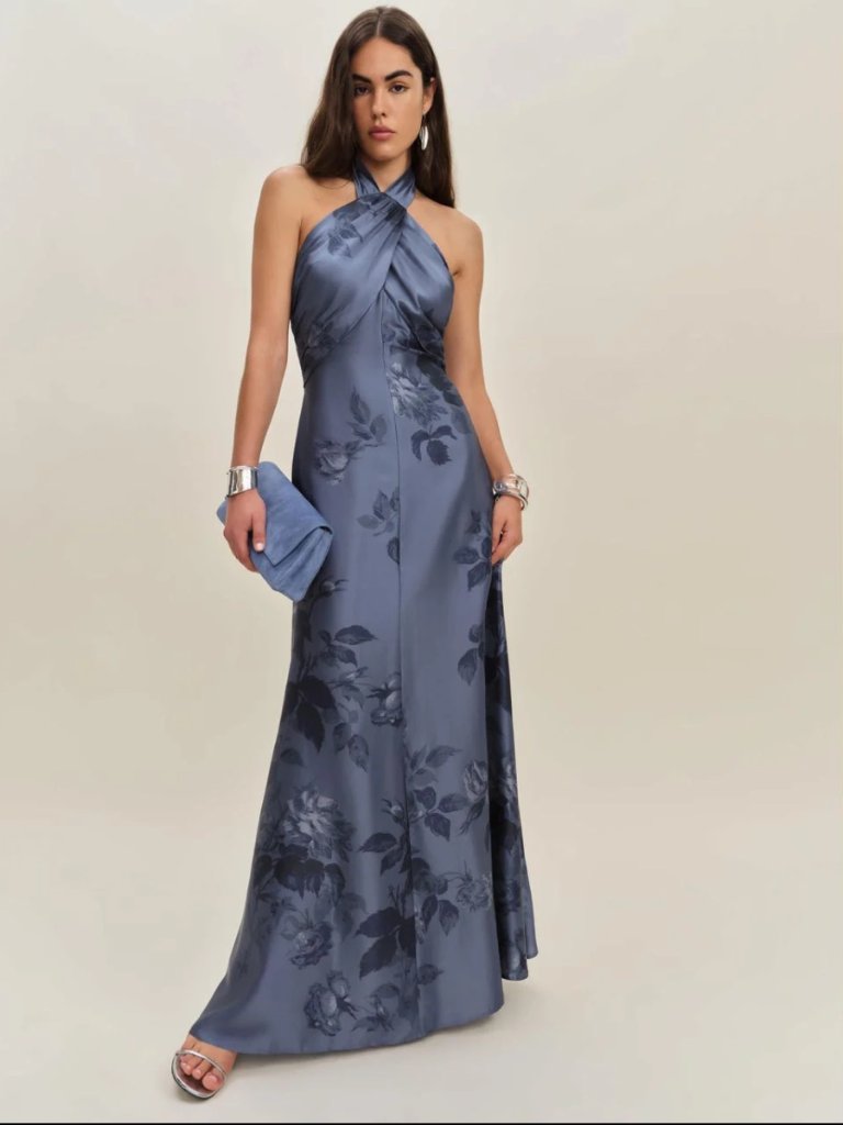Nwt Reformation Veria Silk Maxi Dress Floral Blue 8